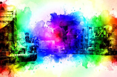 Polonya 'daki Gdansk şehrinin mimarisinin güzel bir görüntüsünün suluboya çizimi veya çizimi