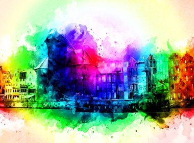 Polonya 'daki Gdansk şehrinin mimarisinin güzel bir görüntüsünün suluboya çizimi veya çizimi