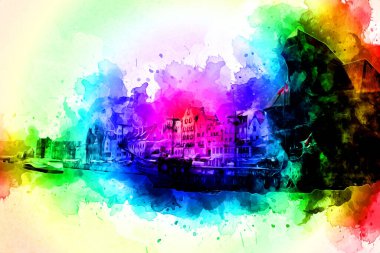 Polonya 'daki Gdansk şehrinin mimarisinin güzel bir görüntüsünün suluboya çizimi veya çizimi