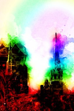 Polonya 'daki Gdansk şehrinin mimarisinin güzel bir görüntüsünün suluboya çizimi veya çizimi