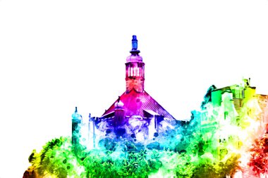 Polonya 'daki Gdansk şehrinin mimarisinin güzel bir görüntüsünün suluboya çizimi veya çizimi