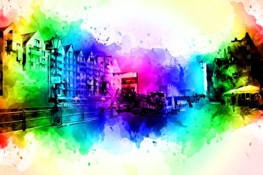 Polonya 'daki Gdansk şehrinin mimarisinin güzel bir görüntüsünün suluboya çizimi veya çizimi