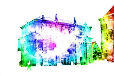 Polonya 'daki Gdansk şehrinin mimarisinin güzel bir görüntüsünün suluboya çizimi veya çizimi