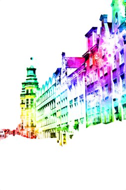 Polonya 'daki Gdansk şehrinin mimarisinin güzel bir görüntüsünün suluboya çizimi veya çizimi