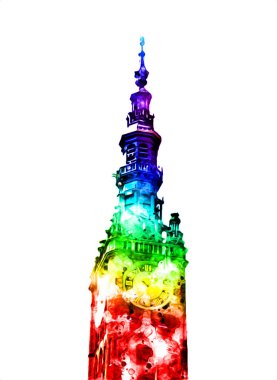 Polonya 'daki Gdansk şehrinin mimarisinin güzel bir görüntüsünün suluboya çizimi veya çizimi