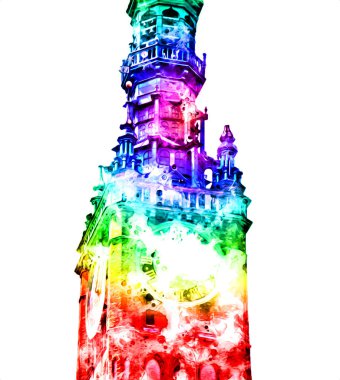 Polonya 'daki Gdansk şehrinin mimarisinin güzel bir görüntüsünün suluboya çizimi veya çizimi