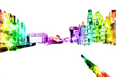 Polonya 'daki Gdansk şehrinin mimarisinin güzel bir görüntüsünün suluboya çizimi veya çizimi