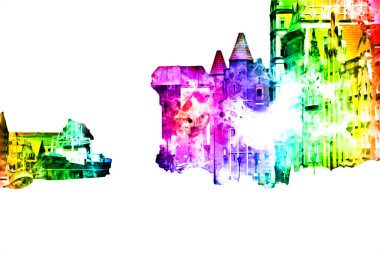 Polonya 'daki Gdansk şehrinin mimarisinin güzel bir görüntüsünün suluboya çizimi veya çizimi