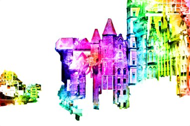 Polonya 'daki Gdansk şehrinin mimarisinin güzel bir görüntüsünün suluboya çizimi veya çizimi