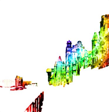 Polonya 'daki Gdansk şehrinin mimarisinin güzel bir görüntüsünün suluboya çizimi veya çizimi