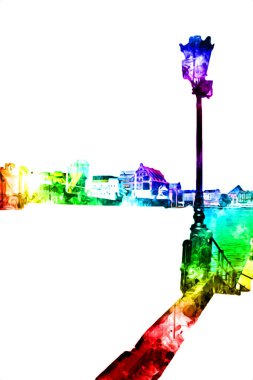 Polonya 'daki Gdansk şehrinin mimarisinin güzel bir görüntüsünün suluboya çizimi veya çizimi