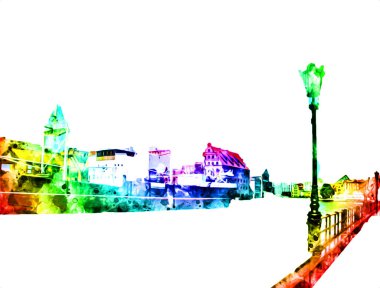 Polonya 'daki Gdansk şehrinin mimarisinin güzel bir görüntüsünün suluboya çizimi veya çizimi