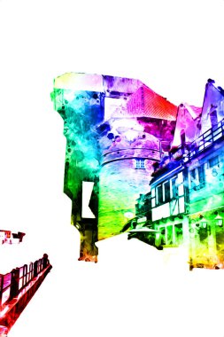 Polonya 'daki Gdansk şehrinin mimarisinin güzel bir görüntüsünün suluboya çizimi veya çizimi