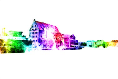 Polonya 'daki Gdansk şehrinin mimarisinin güzel bir görüntüsünün suluboya çizimi veya çizimi