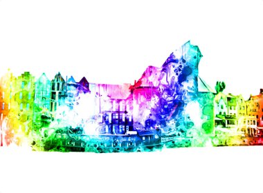 Polonya 'daki Gdansk şehrinin mimarisinin güzel bir görüntüsünün suluboya çizimi veya çizimi