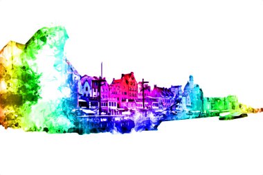 Polonya 'daki Gdansk şehrinin mimarisinin güzel bir görüntüsünün suluboya çizimi veya çizimi