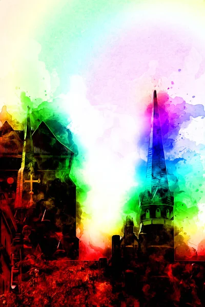 Polonya 'daki Gdansk şehrinin mimarisinin güzel bir görüntüsünün suluboya çizimi veya çizimi