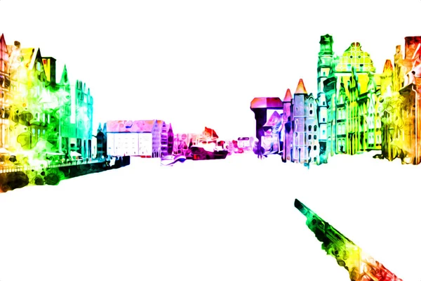 Polonya 'daki Gdansk şehrinin mimarisinin güzel bir görüntüsünün suluboya çizimi veya çizimi