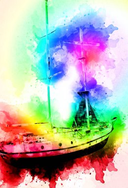 Yelkenli tekneler rıhtıma, liman sanatı illüstrasyonları klasik