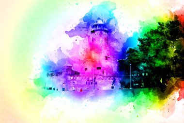 El çizimi suluboya deniz feneri illüstrasyon sanat klasiği çizimi