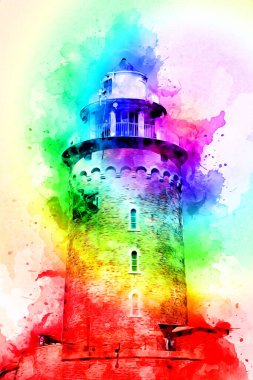 El çizimi suluboya deniz feneri illüstrasyon sanat klasiği çizimi