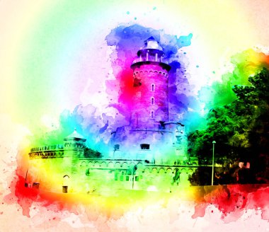 El çizimi suluboya deniz feneri illüstrasyon sanat klasiği çizimi