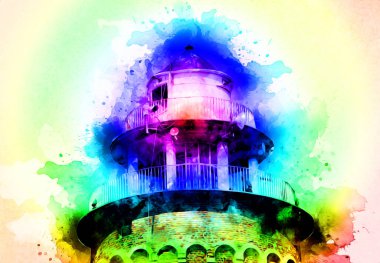 El çizimi suluboya deniz feneri illüstrasyon sanat klasiği çizimi