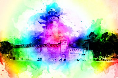 El çizimi suluboya deniz feneri illüstrasyon sanat klasiği çizimi