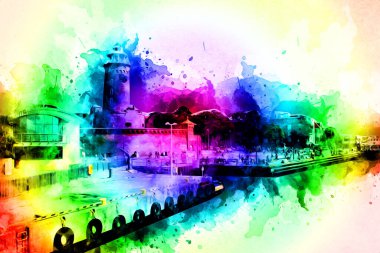 El çizimi suluboya deniz feneri illüstrasyon sanat klasiği çizimi