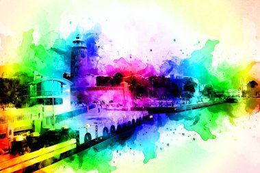 El çizimi suluboya deniz feneri illüstrasyon sanat klasiği çizimi