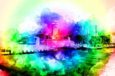 El çizimi suluboya deniz feneri illüstrasyon sanat klasiği çizimi