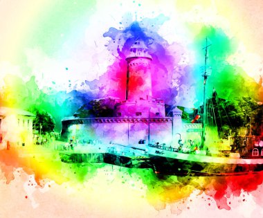 El çizimi suluboya deniz feneri illüstrasyon sanat klasiği çizimi