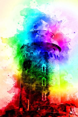 El çizimi suluboya deniz feneri illüstrasyon sanat klasiği çizimi