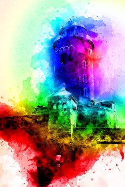 El çizimi suluboya deniz feneri illüstrasyon sanat klasiği çizimi