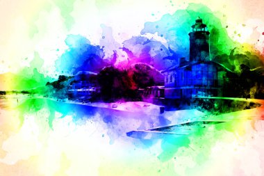 El çizimi suluboya deniz feneri illüstrasyon sanat klasiği çizimi