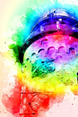 El çizimi suluboya deniz feneri illüstrasyon sanat klasiği çizimi