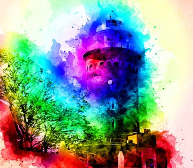 El çizimi suluboya deniz feneri illüstrasyon sanat klasiği çizimi