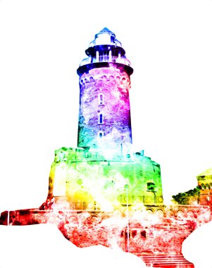 El çizimi suluboya deniz feneri illüstrasyon sanat klasiği çizimi