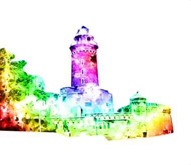 El çizimi suluboya deniz feneri illüstrasyon sanat klasiği çizimi