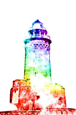 El çizimi suluboya deniz feneri illüstrasyon sanat klasiği çizimi