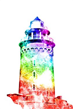 El çizimi suluboya deniz feneri illüstrasyon sanat klasiği çizimi