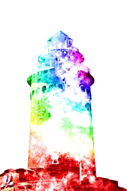 El çizimi suluboya deniz feneri illüstrasyon sanat klasiği çizimi