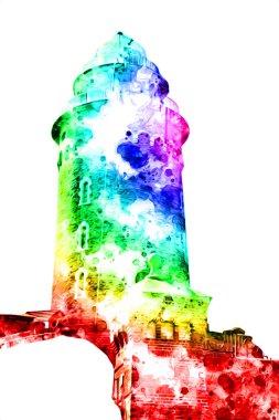 El çizimi suluboya deniz feneri illüstrasyon sanat klasiği çizimi