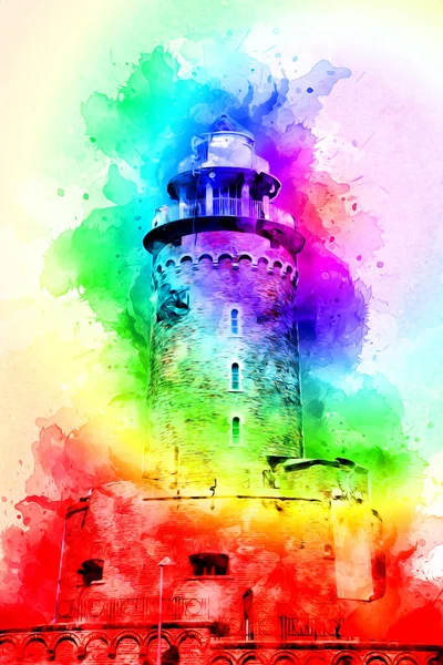 El çizimi suluboya deniz feneri illüstrasyon sanat klasiği çizimi