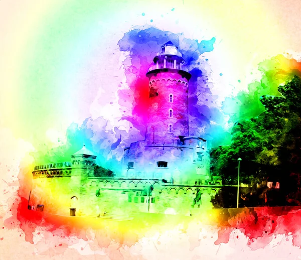 El çizimi suluboya deniz feneri illüstrasyon sanat klasiği çizimi