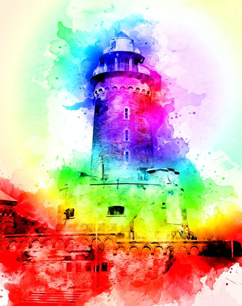 El çizimi suluboya deniz feneri illüstrasyon sanat klasiği çizimi