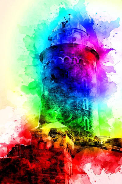 El çizimi suluboya deniz feneri illüstrasyon sanat klasiği çizimi