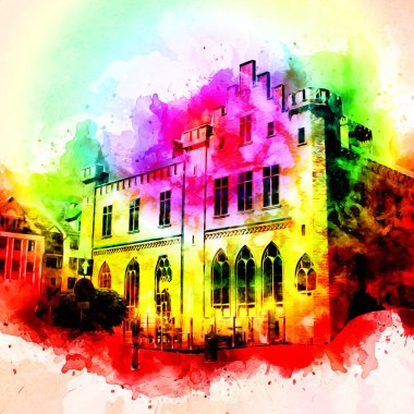 Kolobrzeg eski şehir, belediye binası, poland resim çizimi