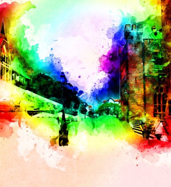 Kolobrzeg eski şehir, belediye binası, poland resim çizimi