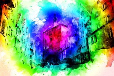 Kolobrzeg eski şehir, belediye binası, poland resim çizimi